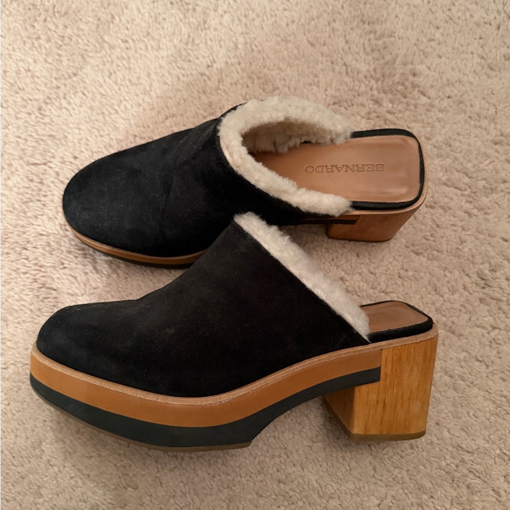Bernardo Black and Tan Shearling Mules